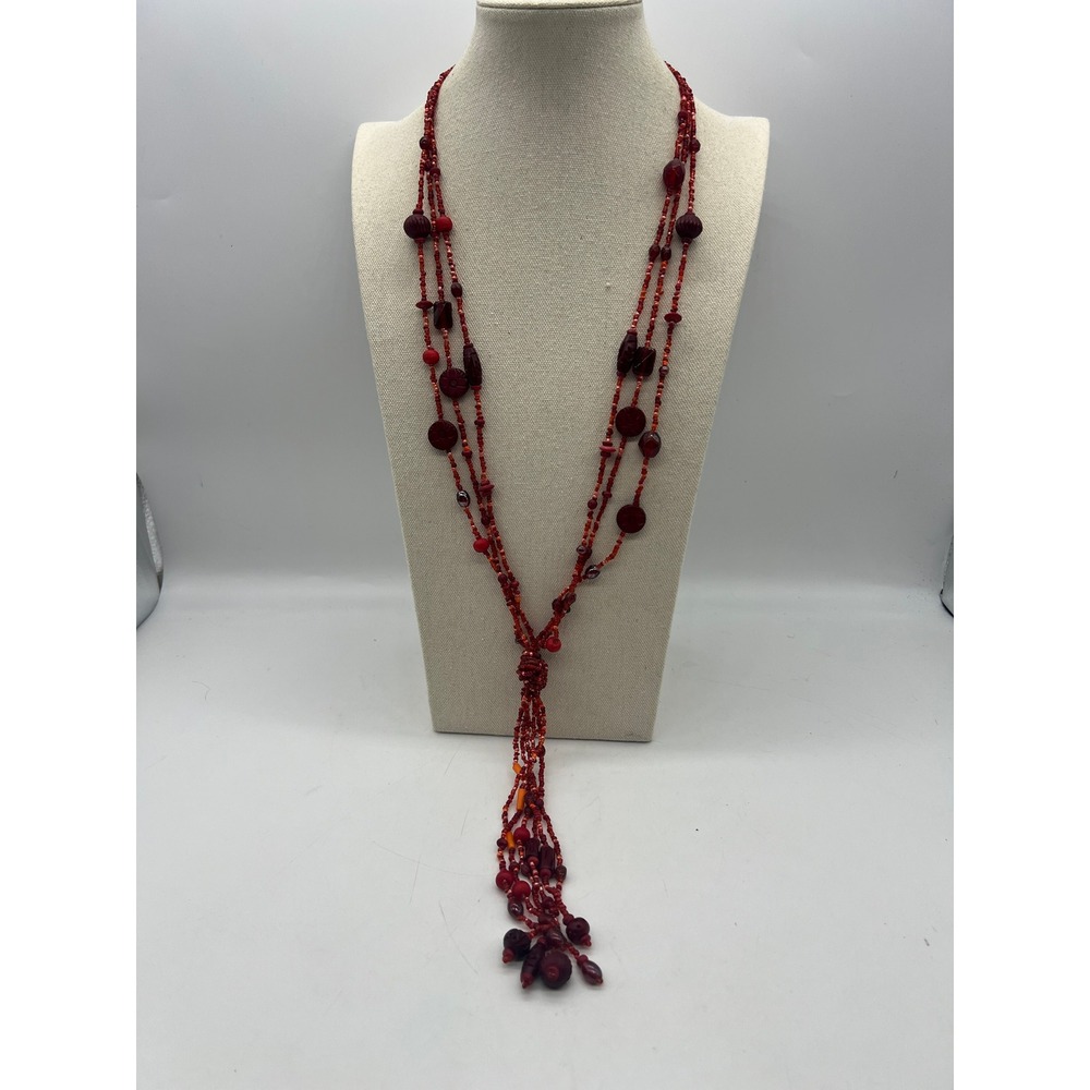 Red Multi Strand Seed Bead Tassel Necklace Boho Statement Minimalist Acrylic